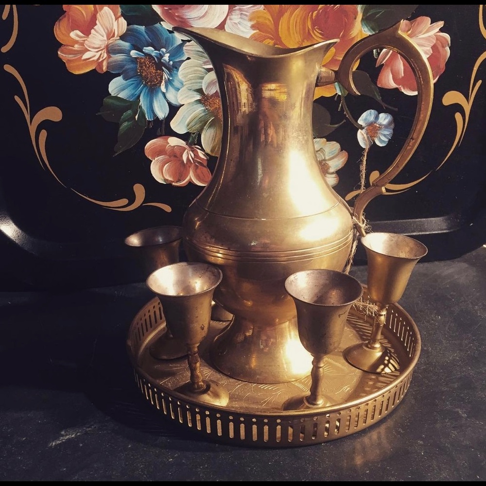 Brass pitcher, Goblets and tray
